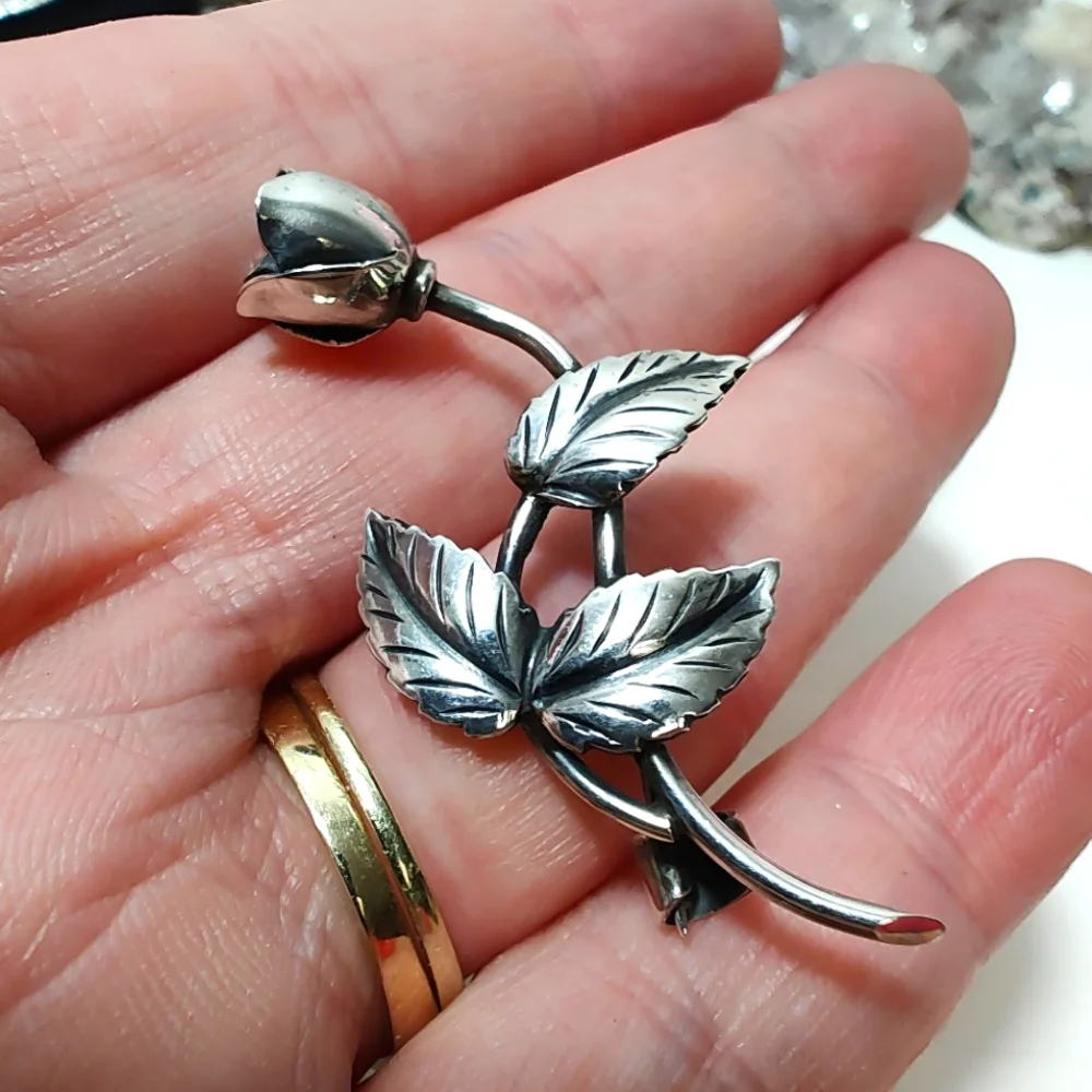 Vintage 1954 Sterling Silver Swedish Designer Tage Linde Rose Brooch Pin - Picture 6 of 11